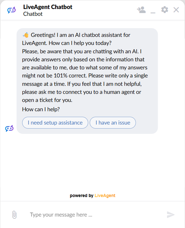 LiveAgent chattfönster som visar en AI-chatbot-hälsning med två tryckbara svarsknappar för installationshjälp och rapportering av ett problem
