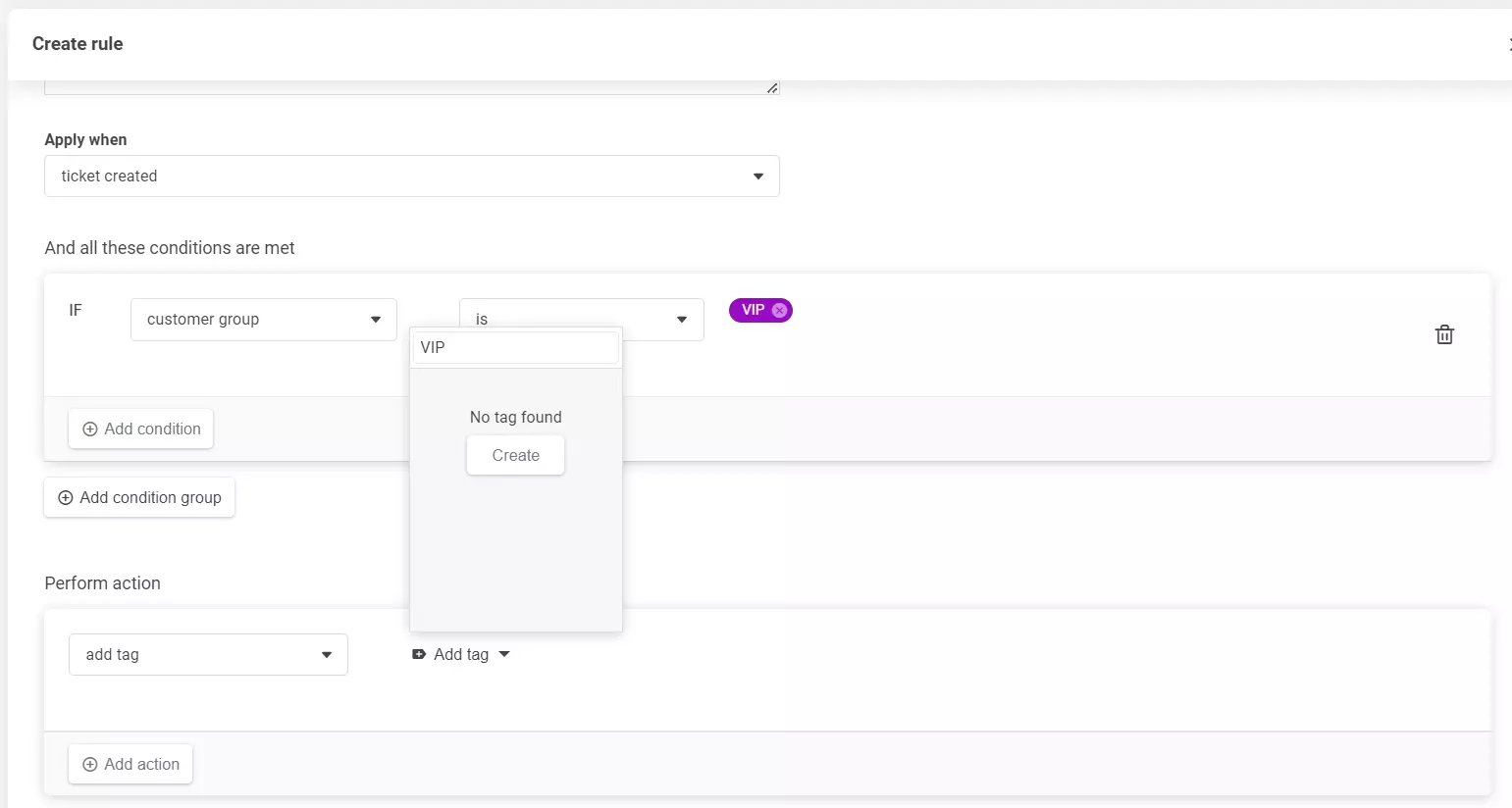 En skärmdump av sektionen för att skapa regler, som visar hur man lägger till en ny tagg.