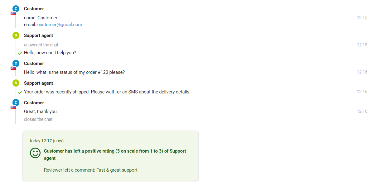 Bilden visar interaktionen mellan en kund och en supportagent, där agenten kan se betyget i slutet av meddelandet