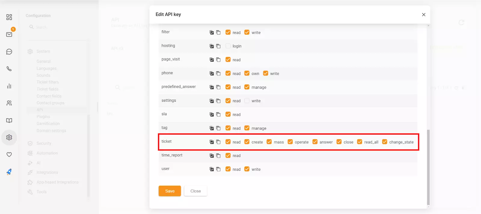 Sektionen Redigera API-nyckel i LiveAgent som visar de nya behörigheterna 'close' och 'change_state'