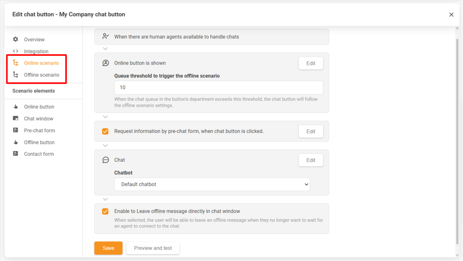 LiveAgent chattknappkonfigurationsfönster som visar online- och offline-scenarier
