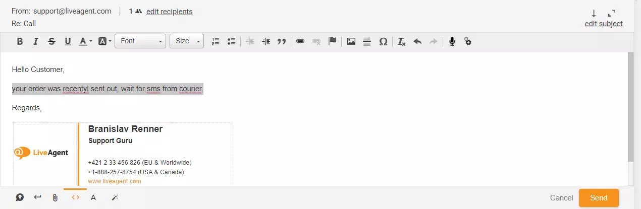 Bild som visar markerat svar på ärende i LiveAgent