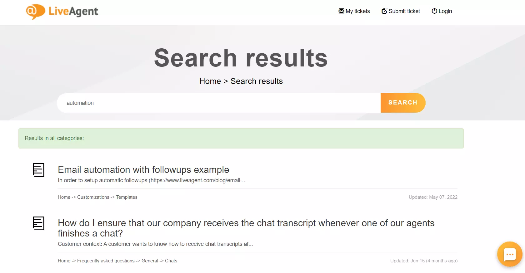 LiveAgent kunskapsbas sökfunktion
