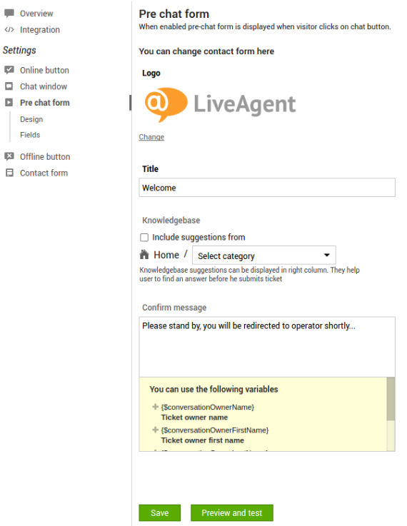 Image showing the overview of pre chat for in LiveAgent live chat software.