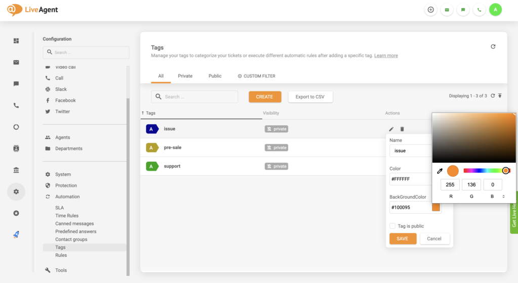 Uppdatering av inställning för taggfärgsändring i LiveAgent