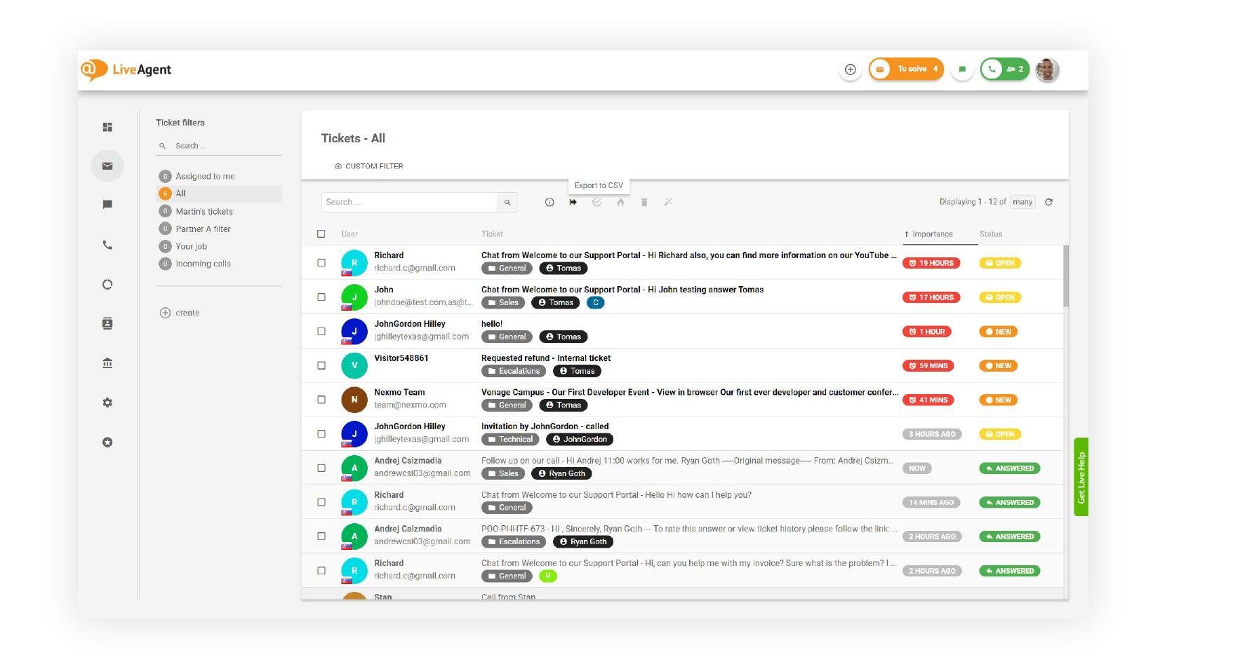LiveAgent universell inkorg – agentvy över inkommande biljetter från e-post och chatt