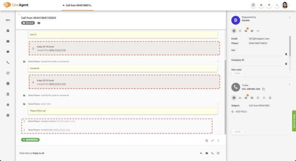 Merged ticket thread in LiveAgent