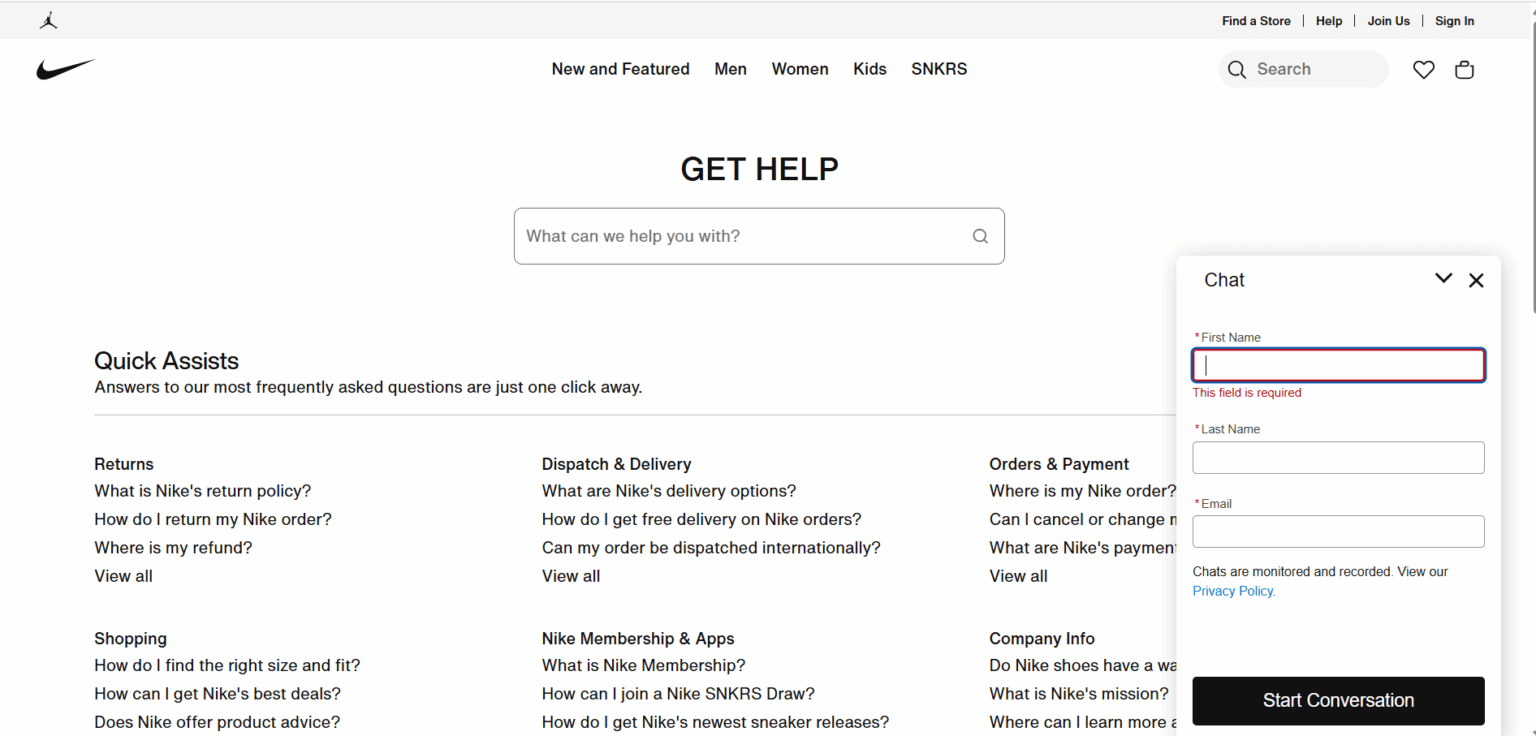 AI Chatbot on Nike's website