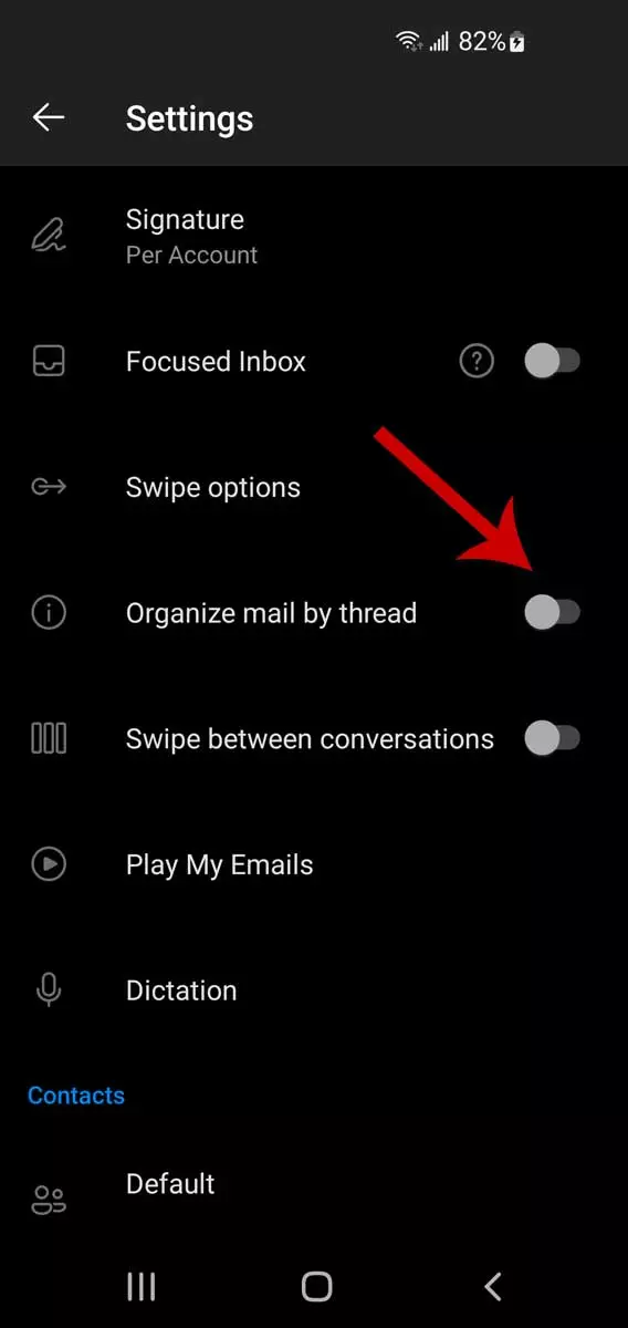 Outlook email threading on mobile devices, step 3