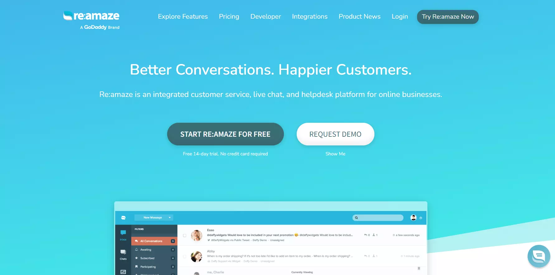 Screenshot of Re:amaze's homepage - the integrated customer service platform for online businesses.