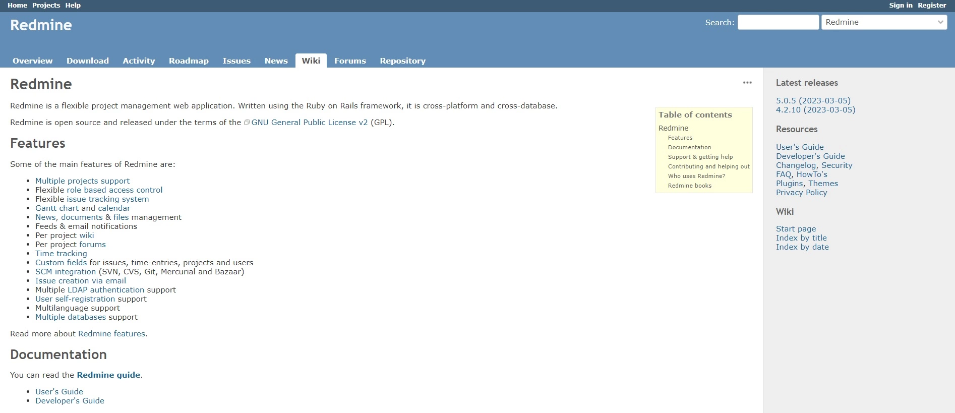 Redmines hemsida - en plattform med öppen källkod som kan hjälpa dig att automatisera processer och hjälpa till med uppgiftsplanering för att förbättra effektiviteten i ditt företag.