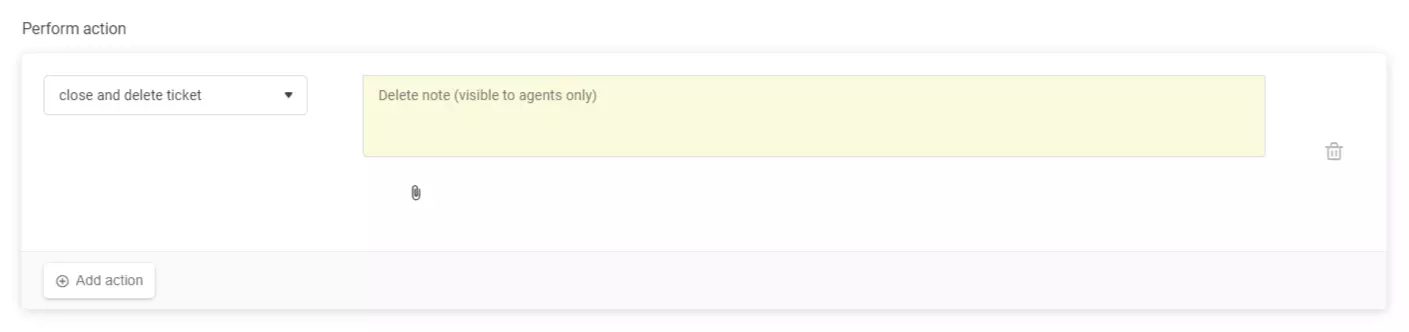 Automatisk regelinställning som visar åtgärden 'stäng och ta bort ärende' i LiveAgent