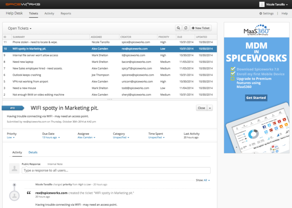 Spiceworks Cloud Help Desk gratisplan – biljettkö med status- och tilldelningskolumner