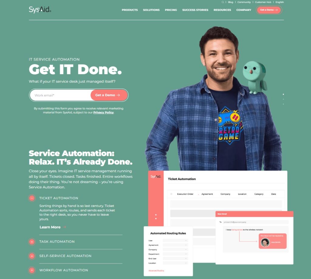 Bild av SysAids hemsida - allt-i-ett servicehanteringsprogramvara för IT-proffs