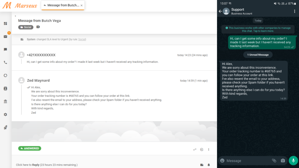 WhatsApp-meddelande visas som ett ärende i LiveAgent