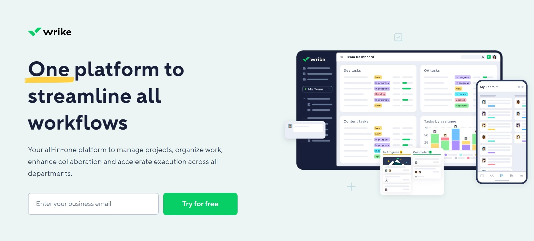 Wrikes hemsida - en allt-i-ett-plattform för att hantera projekt, organisera arbete och förbättra samarbetet över avdelningar.