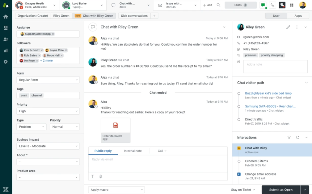Zendesk handläggararbetsyta som visar en enhetlig chattkonversation med kundprofil och interaktionshistorik 2026