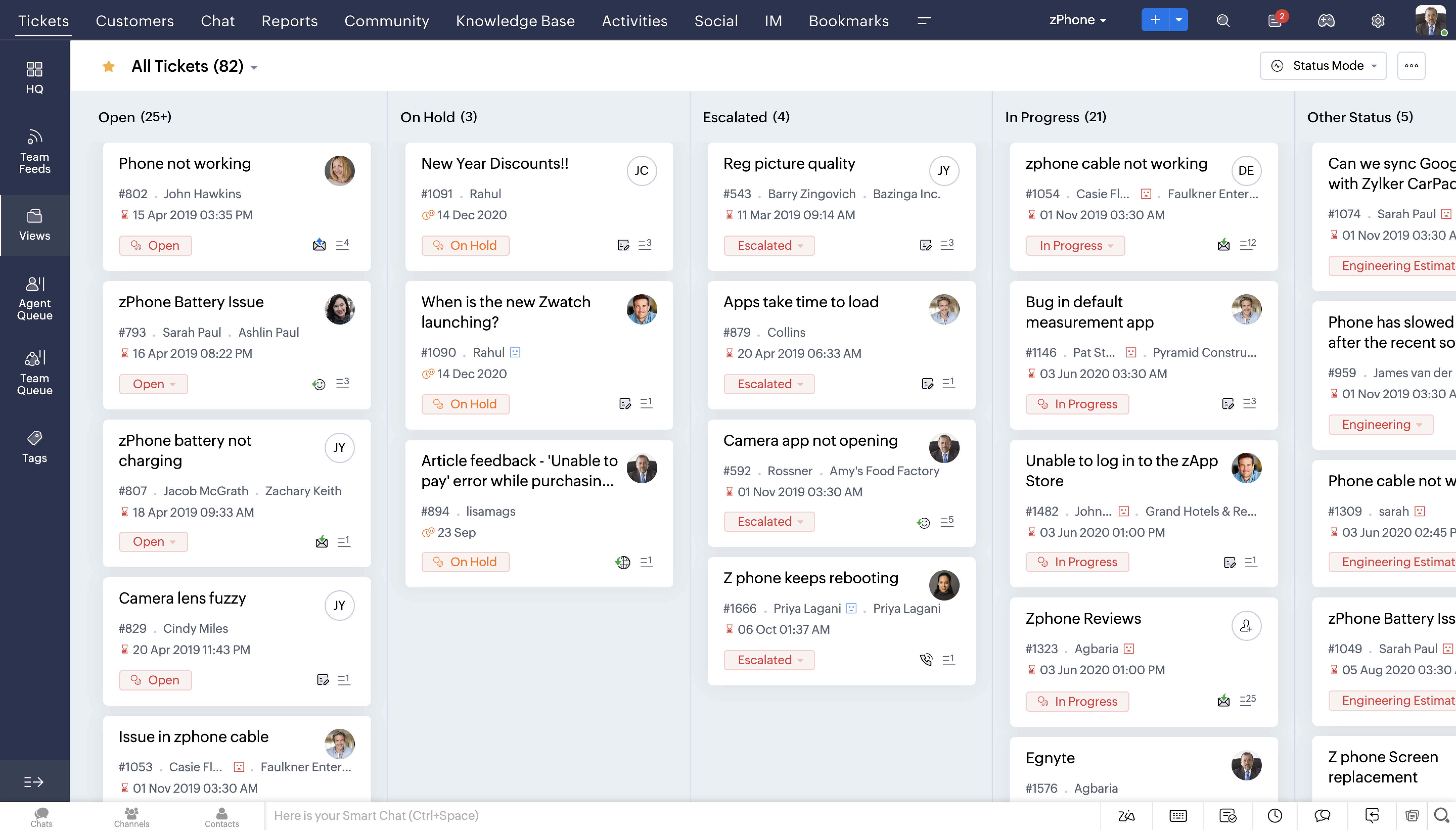 Zoho Desk gratis helpdesk-plan som visar biljettvyn