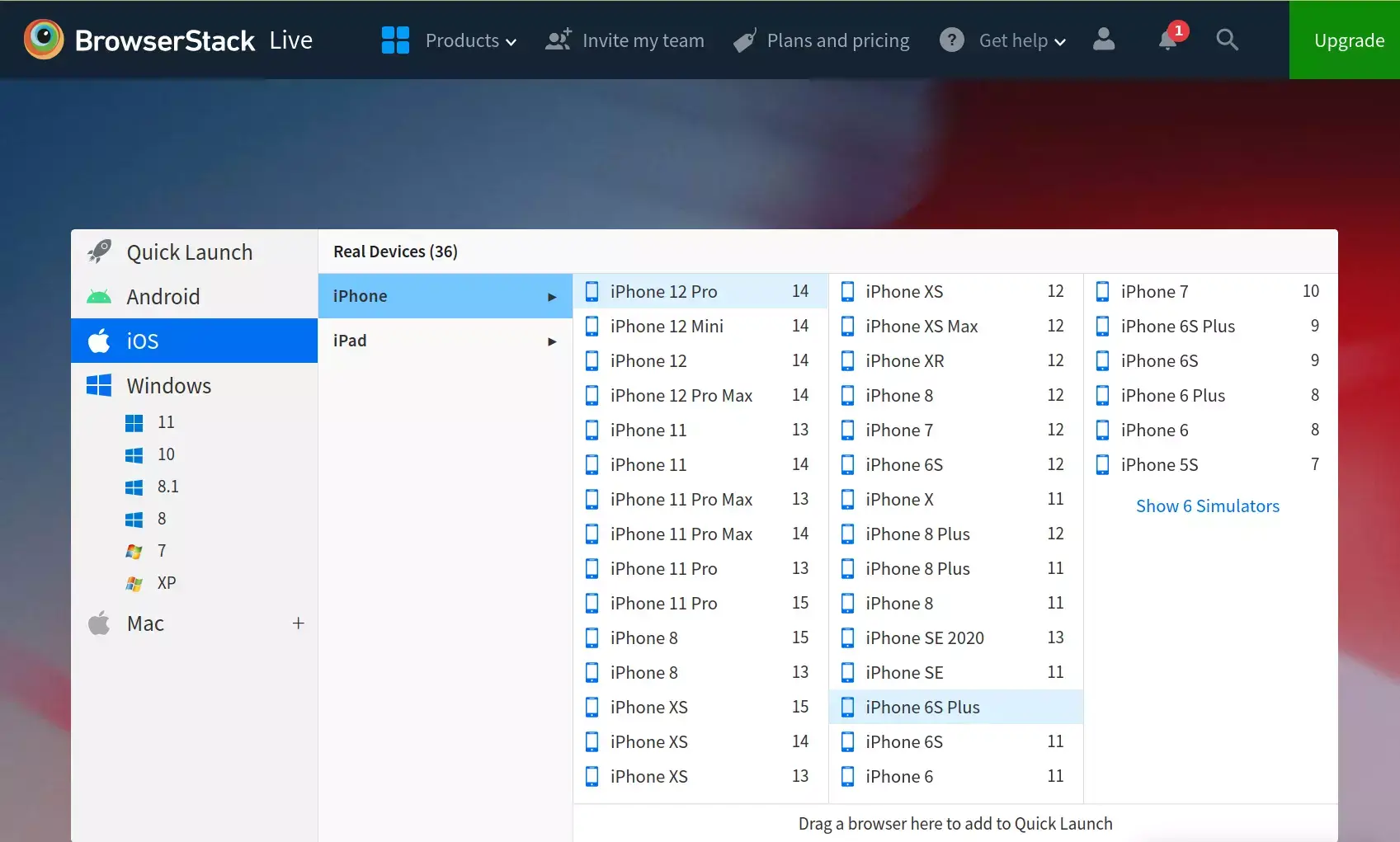 BrowserStack simulerar många mobilplattformar och operativsystemversioner