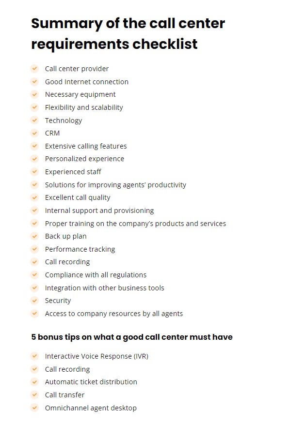 LiveAgent's example of call center requirements checklist