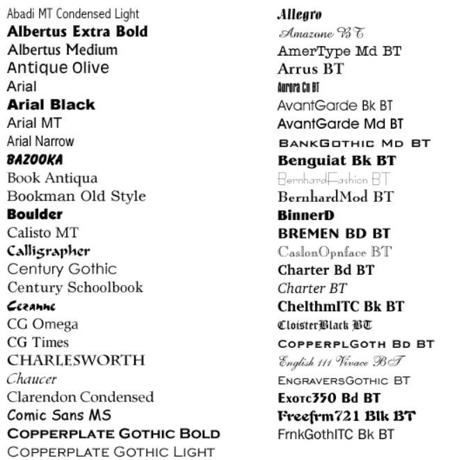Example of fonts in MS Word