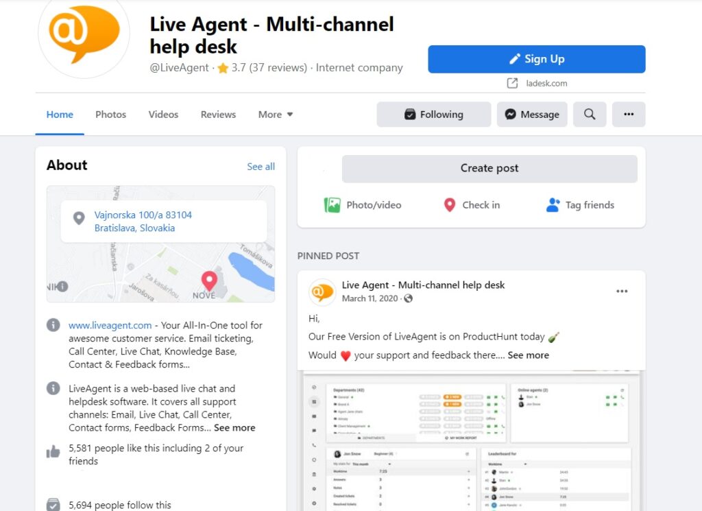 LiveAgent Facebook homepage
