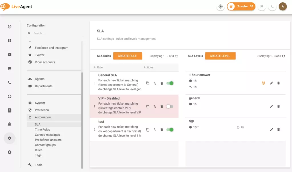 LiveAgent&rsquo;s response and resolutions SLA time settings