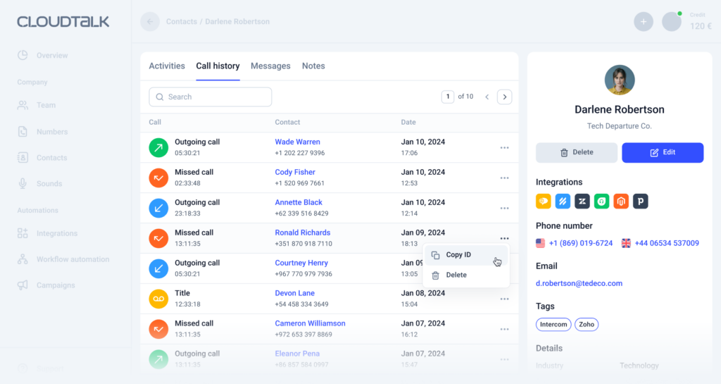 CloudTalk användargränssnitt