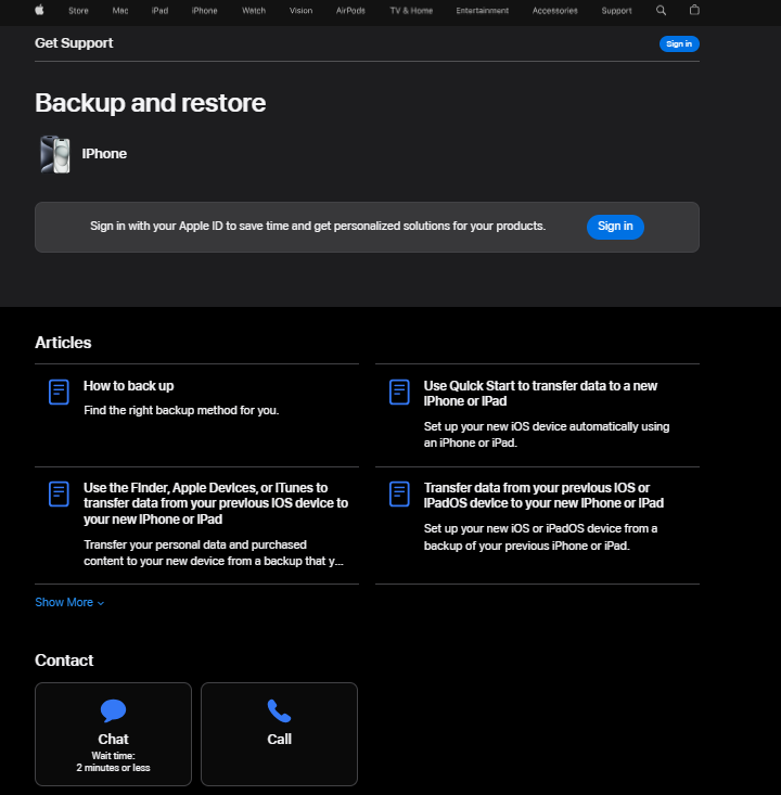 Apple support page displaying their options of support