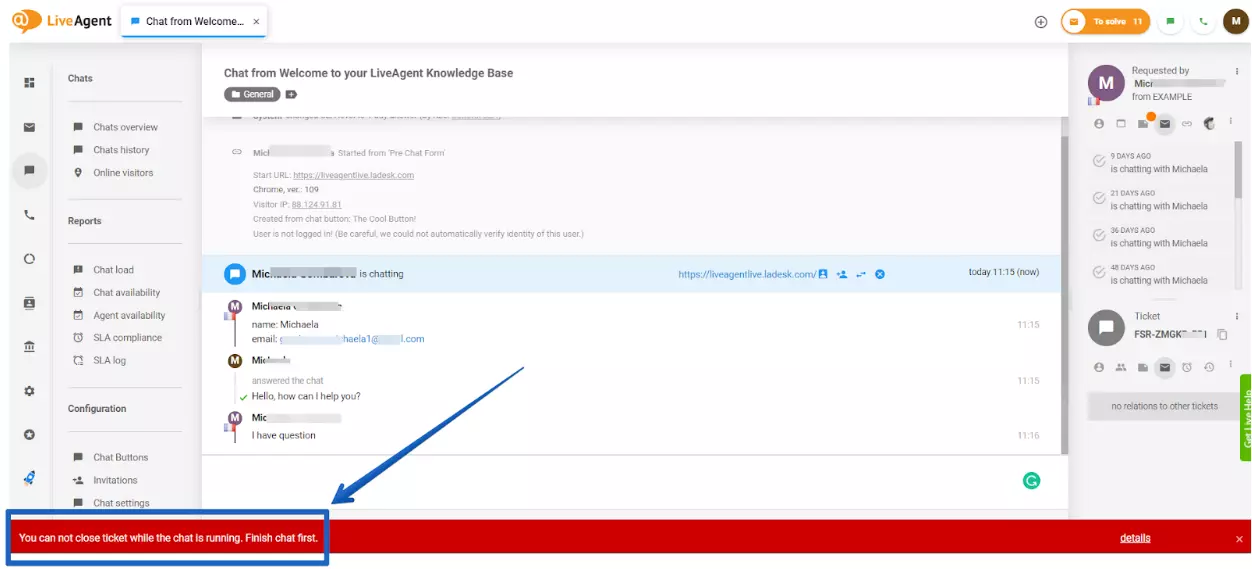 LiveAgent - varning för olöst chatt