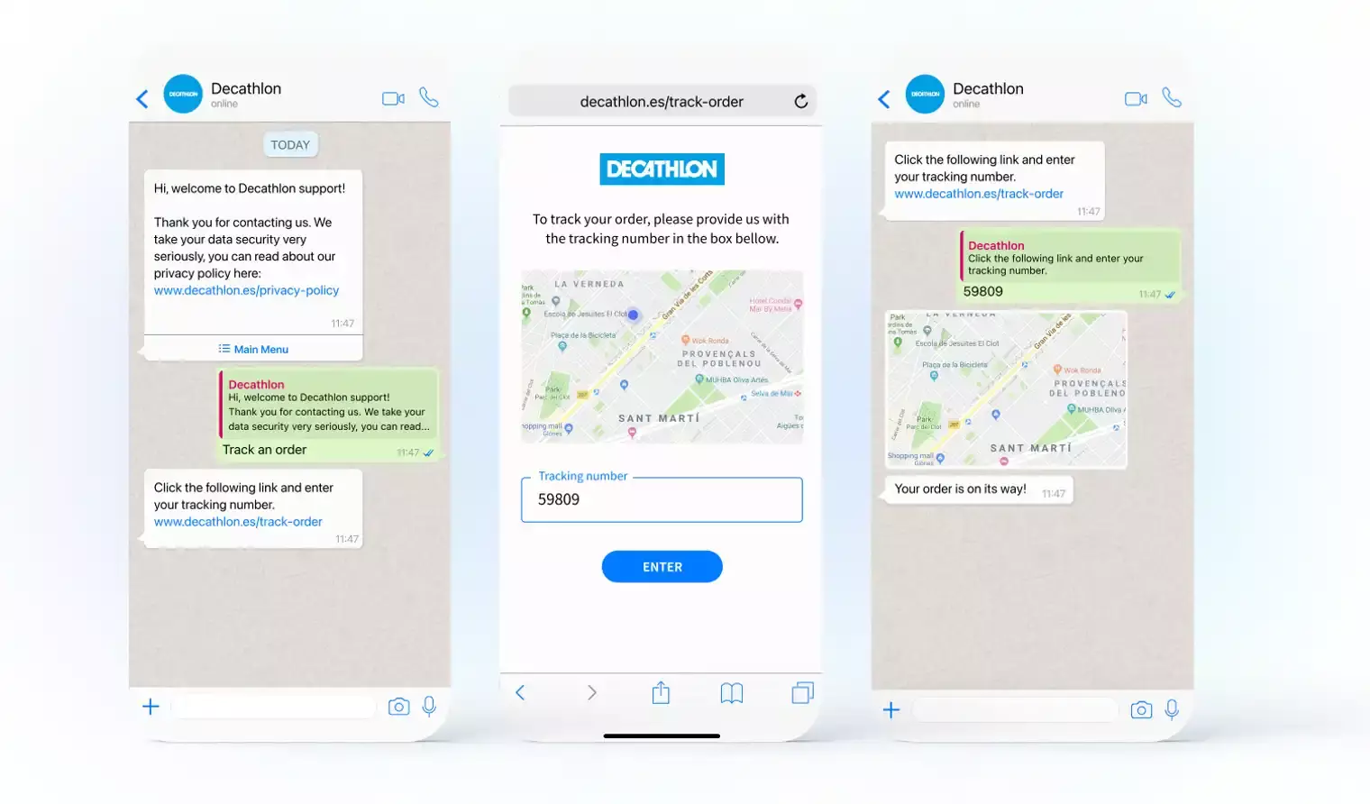 Decathlon livechatt-kapacitet genom WhatsApp för att spåra beställningar