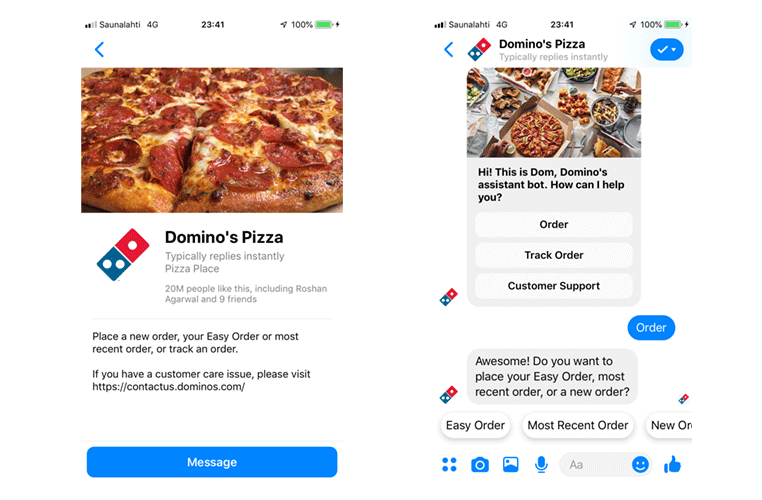 Domino's Pizza Messenger livechatt för att lägga beställningar