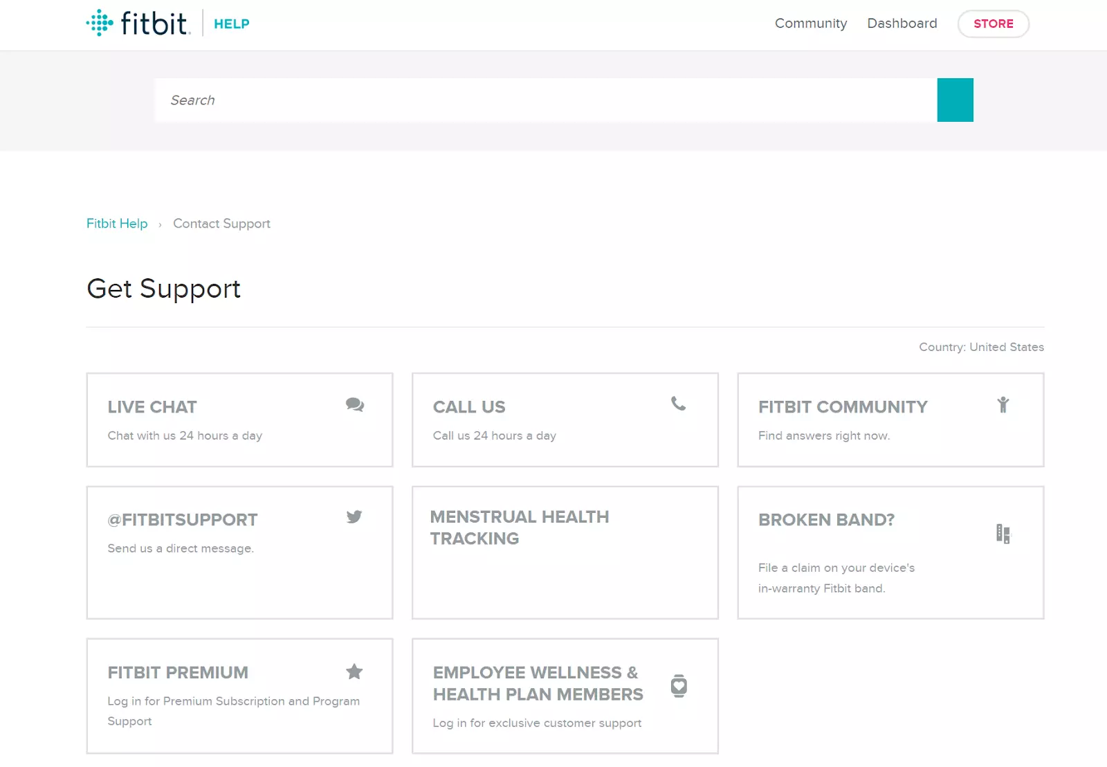 Fitbit Get Support-sida som visar supportalternativ