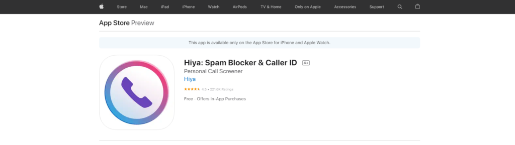 Hiya: Spam Blocker & Caller ID App Store webbplats