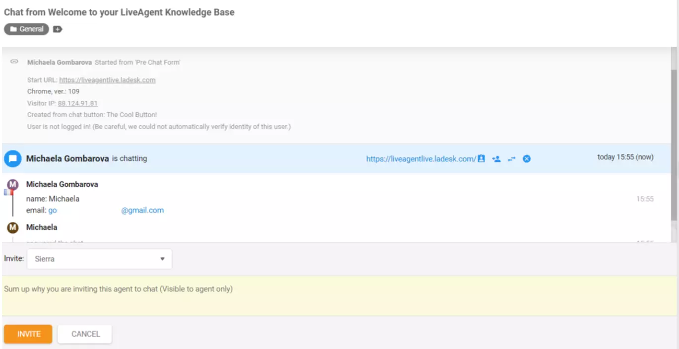 LiveAgent Agent inbjuden till chatt