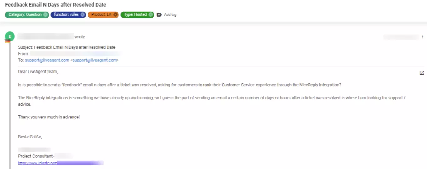 Skärmbild av ett ärende som visar ett kundproblem som anses vara låg prioritet.