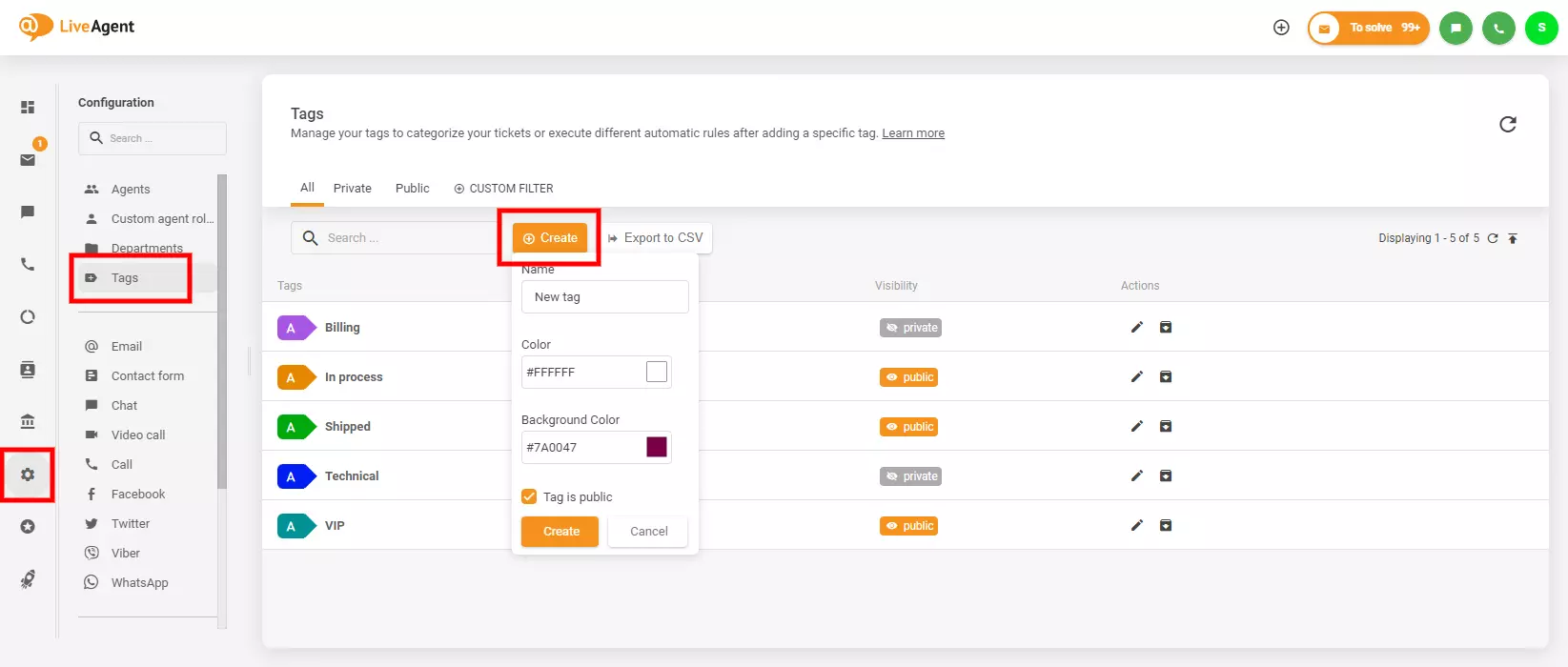 Bild visar var man hittar och skapar taggar i LiveAgent