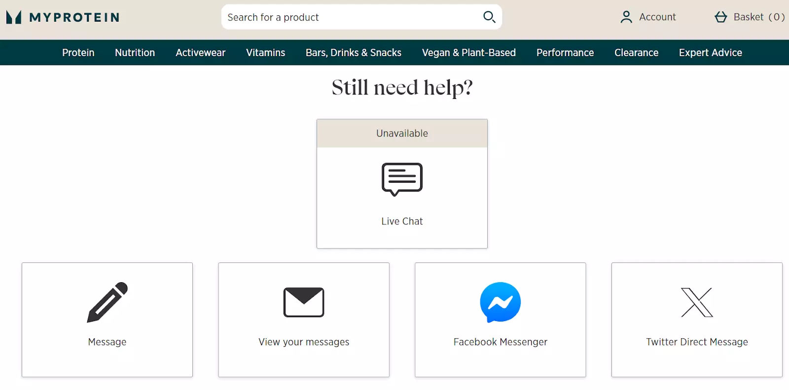 MyProtein supportsida med kommunikationskanaler