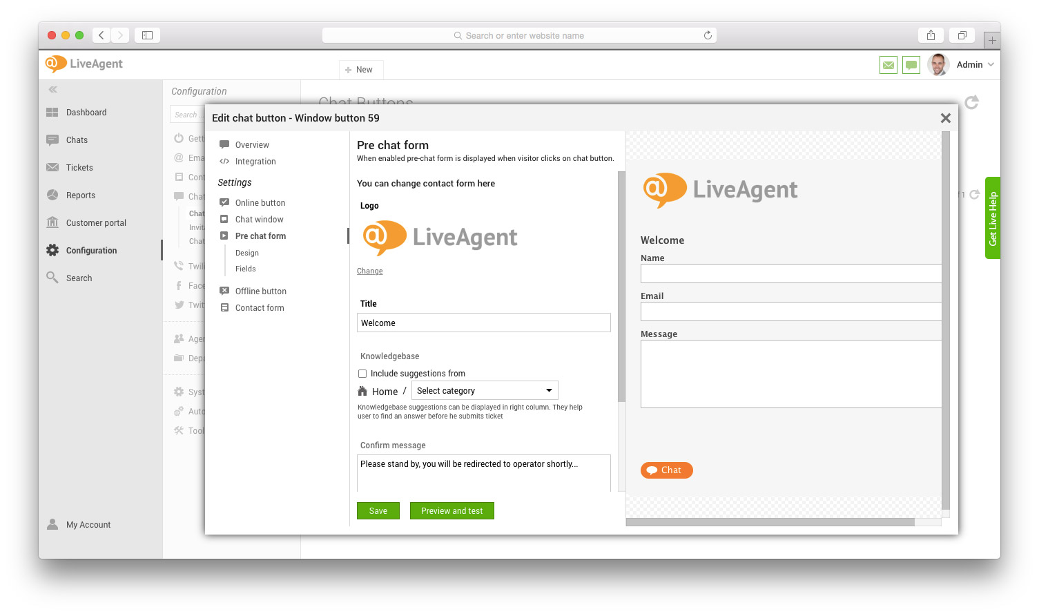 Formulär före chatt-fönster med fält och förhandsgranskning