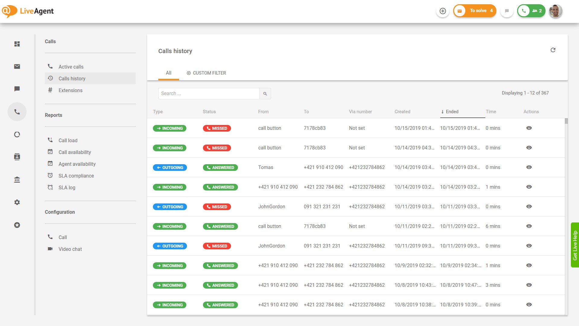 Översikt över callcenter-gränssnittet i LiveAgent.