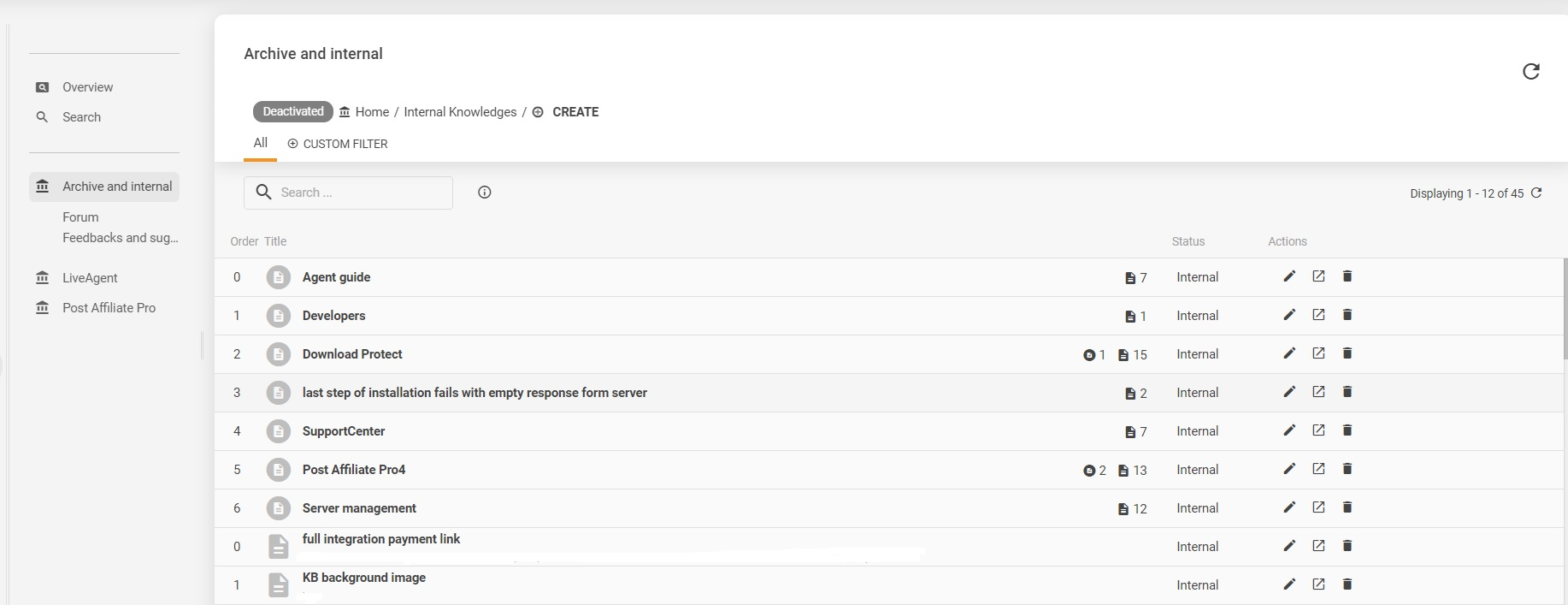 Exempel på LiveAgents interna kunskapsbas