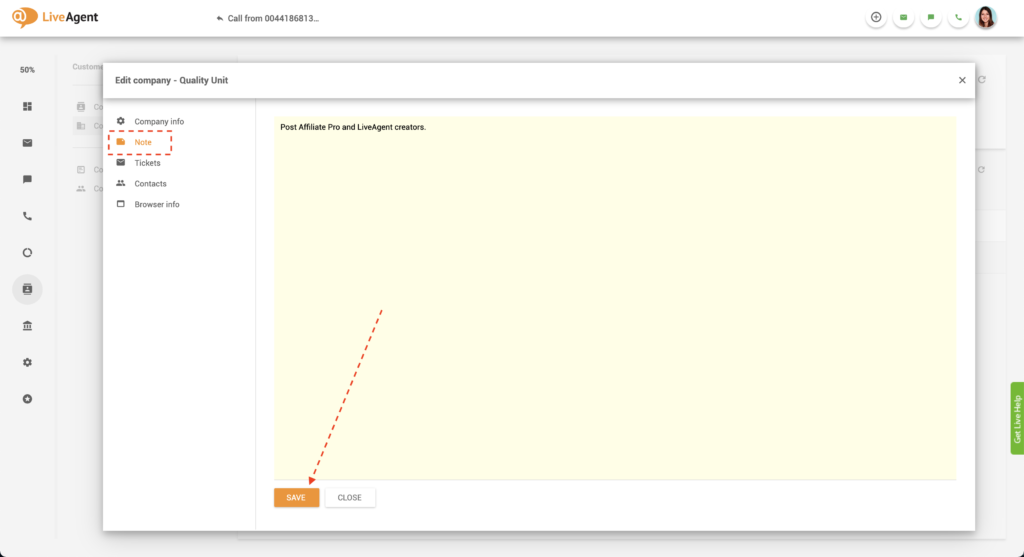 Företagsanteckning i LiveAgent