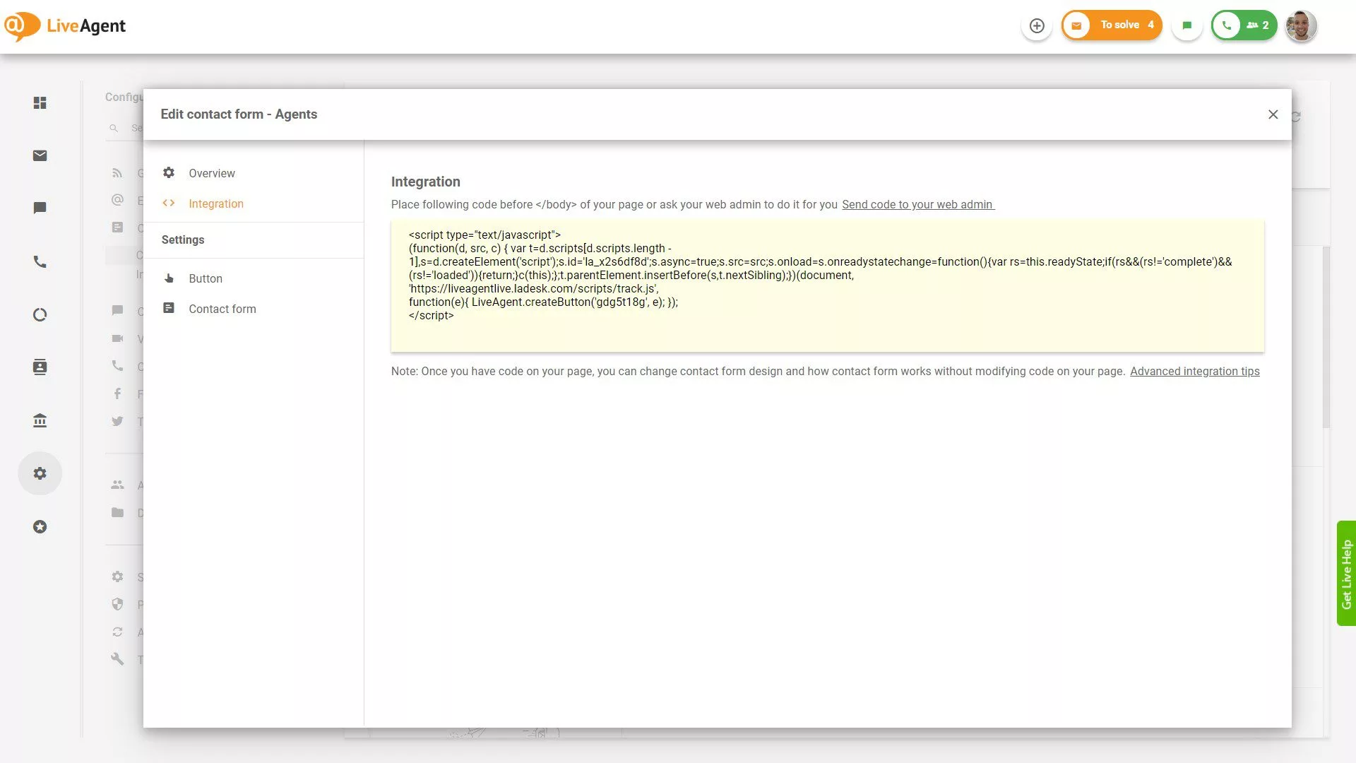 LiveAgent kontaktformulär integrationskod