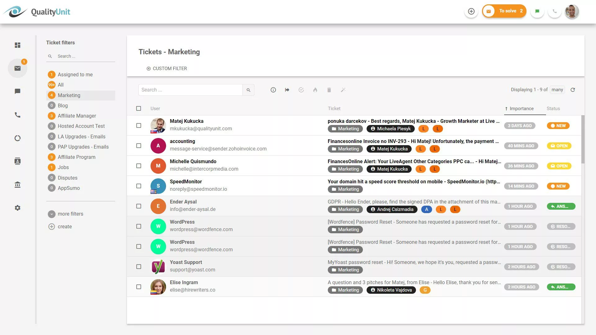 LiveAgent ärendehanteringspanel