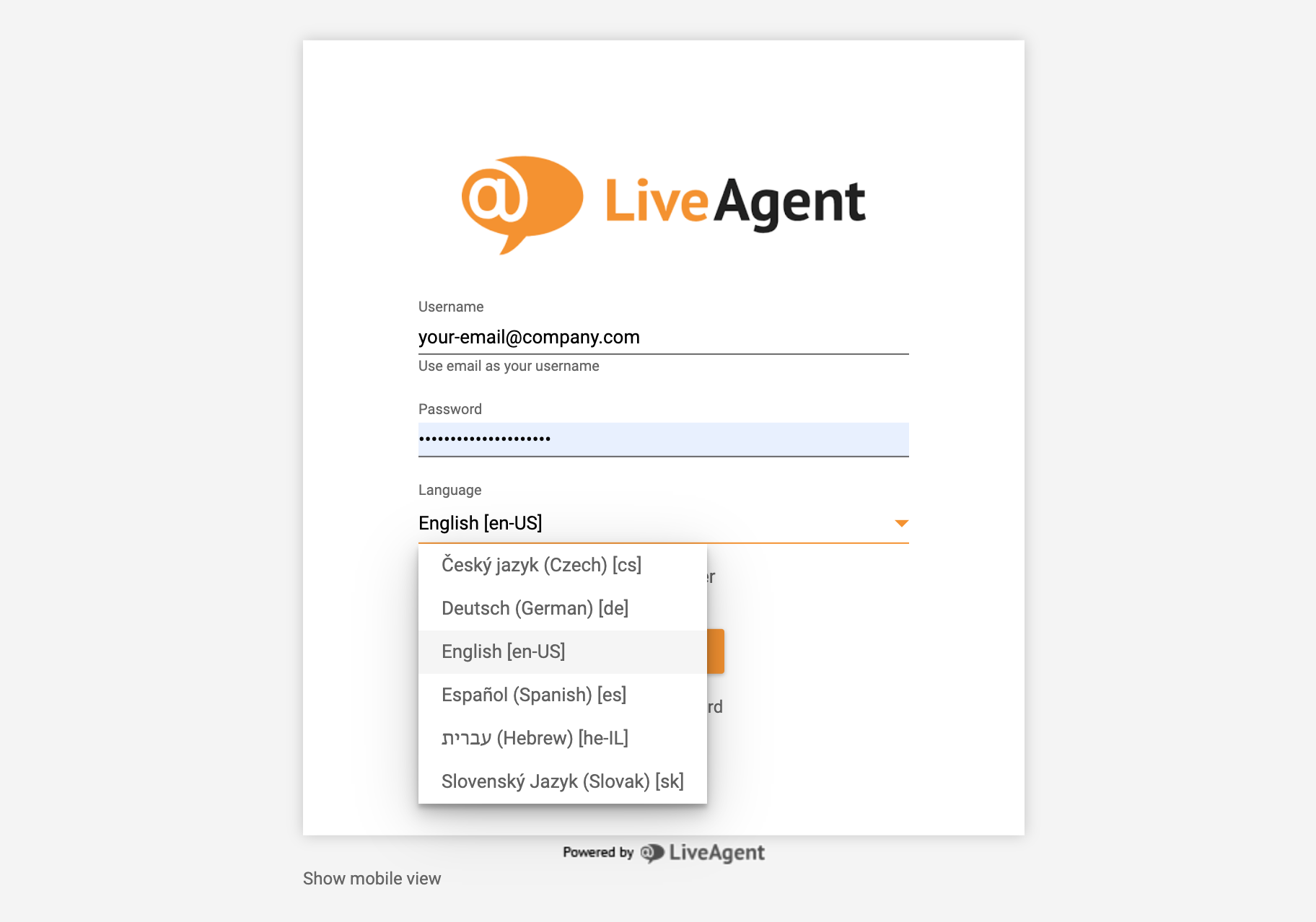 LiveAgent-inloggning - språkval