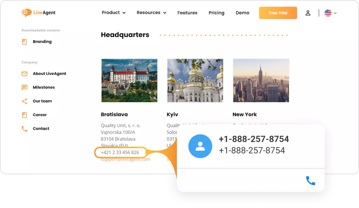 LiveAgents klicka-för-att-ringa-kontaktkort