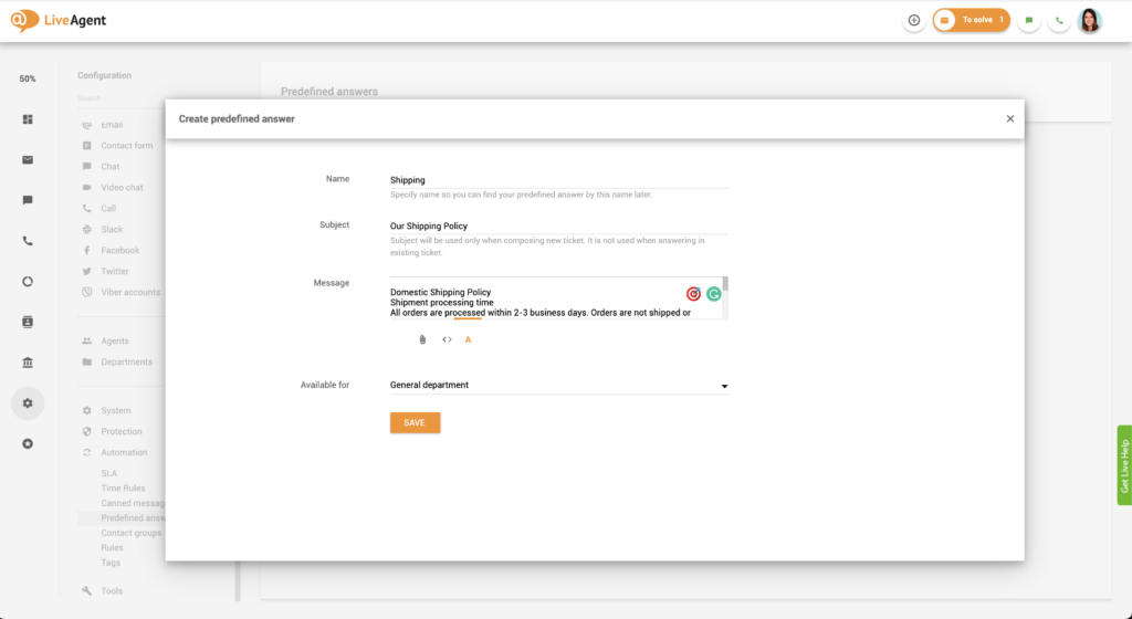Inställning av fördefinierade svar i LiveAgent
