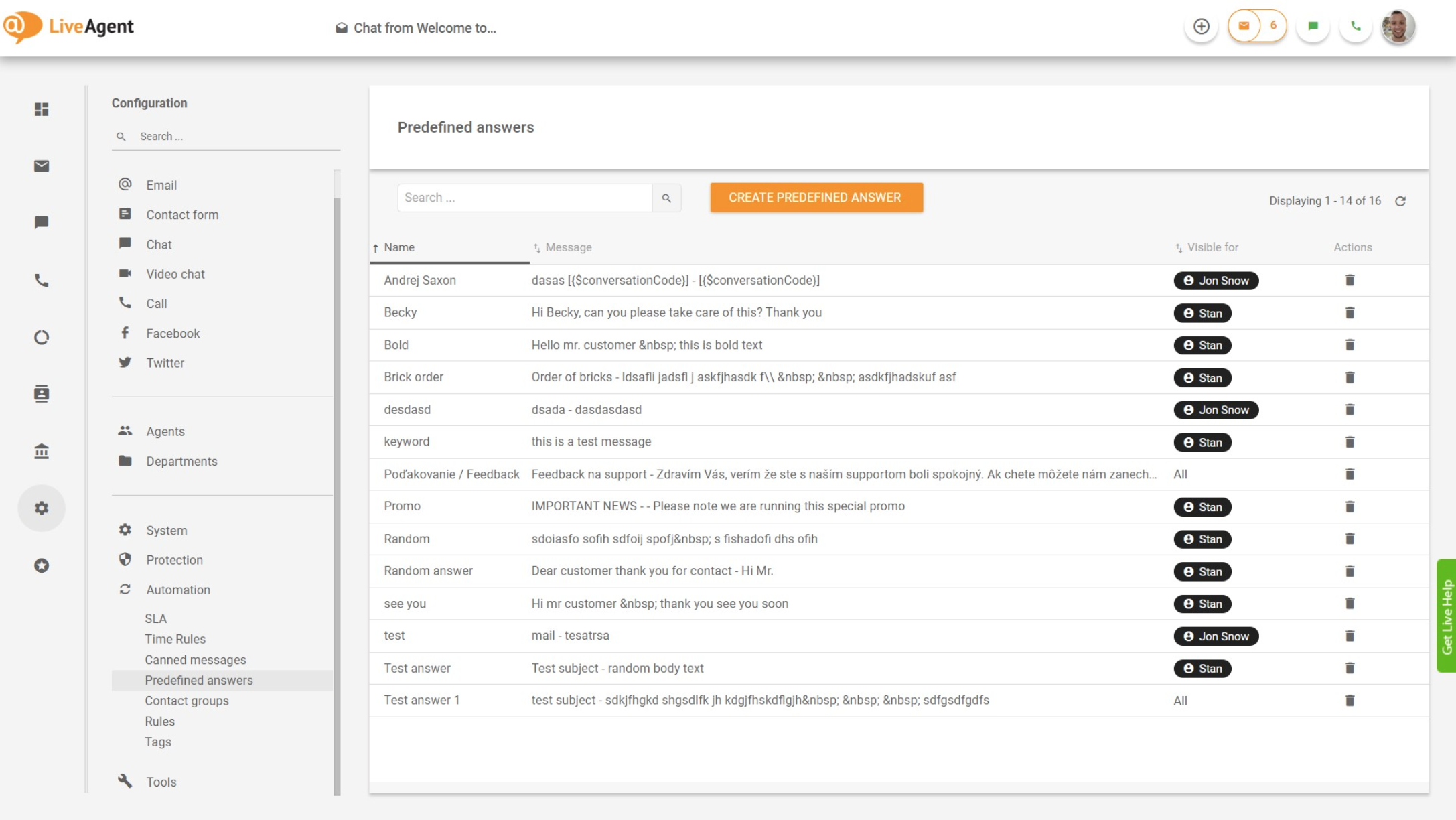 LiveAgent – Översikt över fördefinierade svar