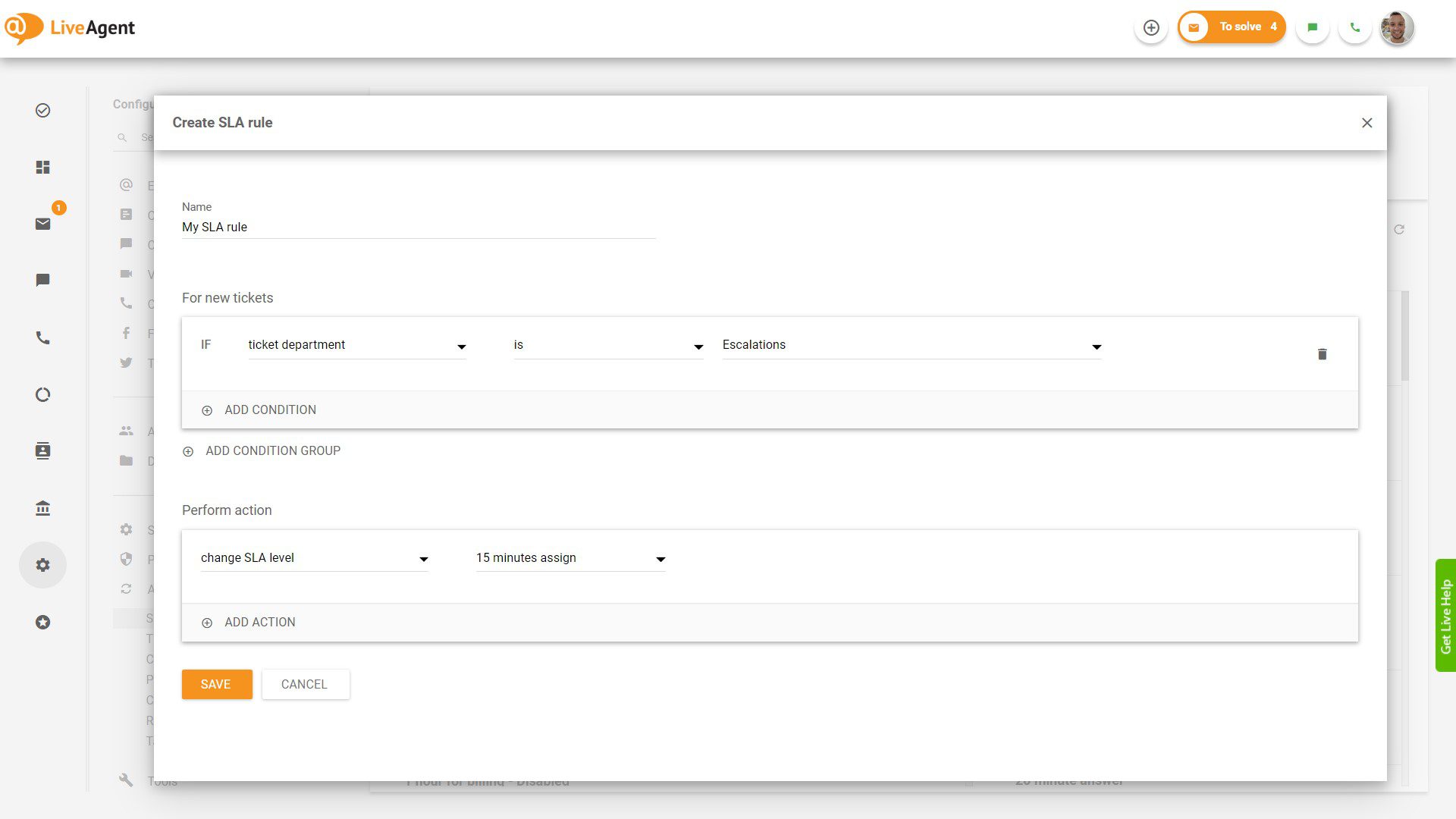Skapande av SLA-regel i LiveAgent