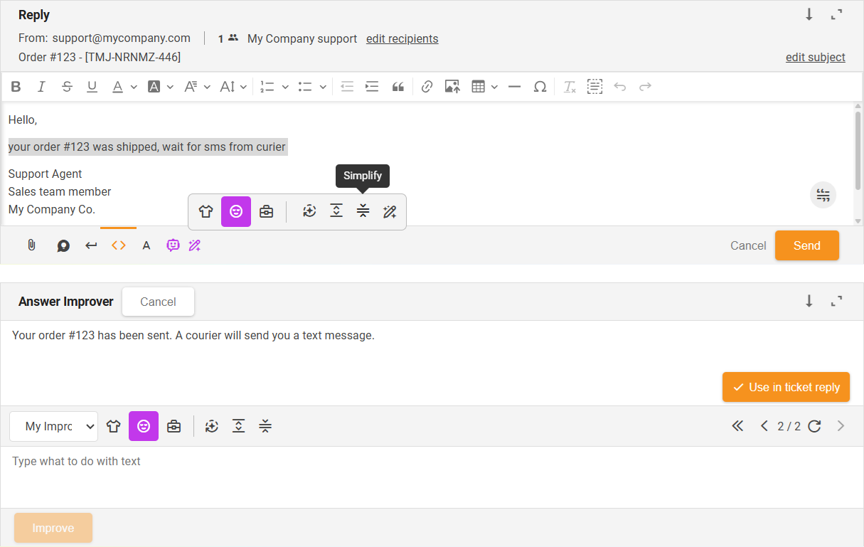 Förenkla-funktionen AI Svarförbättrare - gränssnittsöversikt